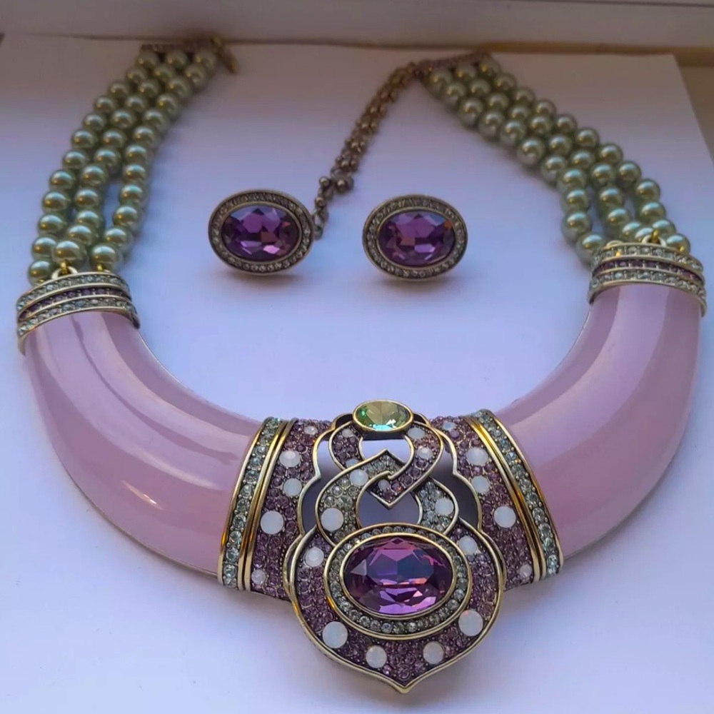 Heidi Daus Pink Lucite Light Amethyst White Opal Necklace-Earrings